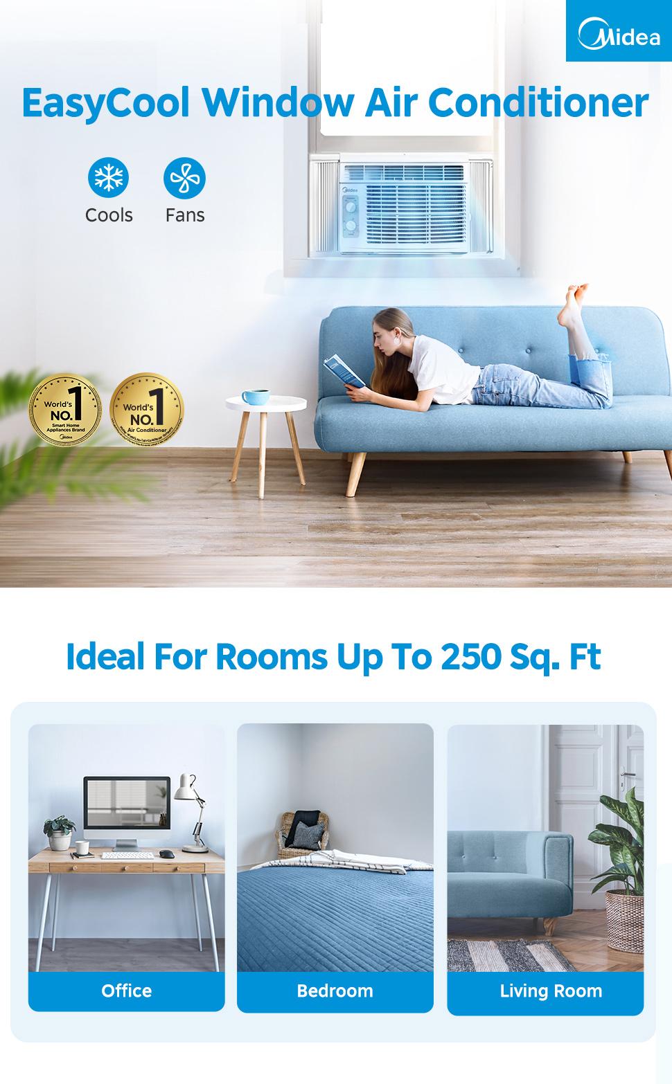 Midea 5,000 BTU EasyCool Mechanical Small Window Air Conditioner - Cool up to 150 Sq. Ft. AC with Easy-to-Use Mechanical Controls and Reusable Filter, Perfect for Small Bedroom, Living Room, Home Office, New Arrivals Midea 5,000 BTU EasyCool Mechanical Small Window Air Conditioner - Cool up to 150 Sq. Ft. AC with Easy-to-Use Mechanical Controls and Reusable Filter, Perfect for Small Bedroom, Living Room, Home Office, New Arrivals