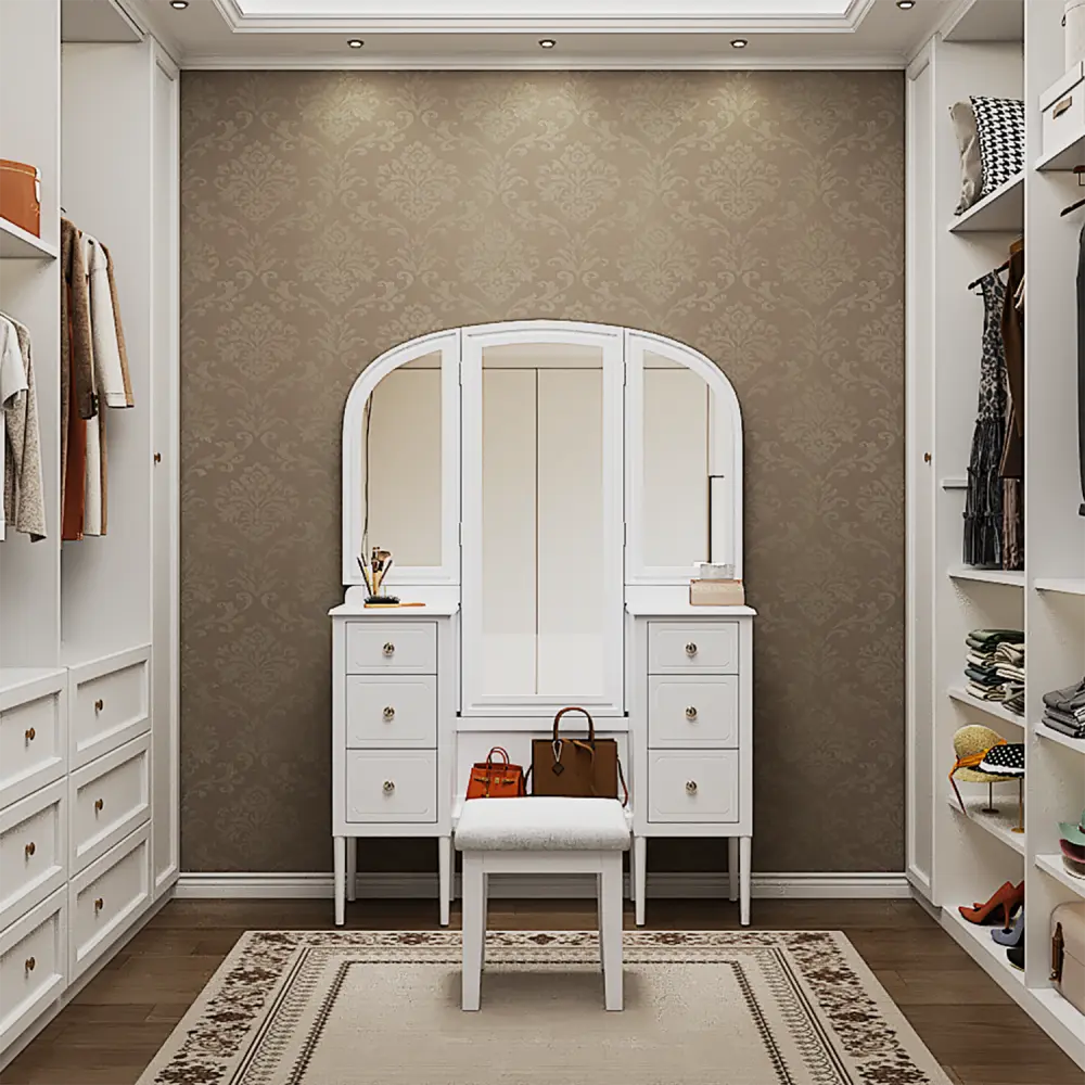 White Vintage Antique Vanity Makeup Desk Set with 6-Drawers, Triple Mirror, Stool and Full-Length Mirror for Bedroom