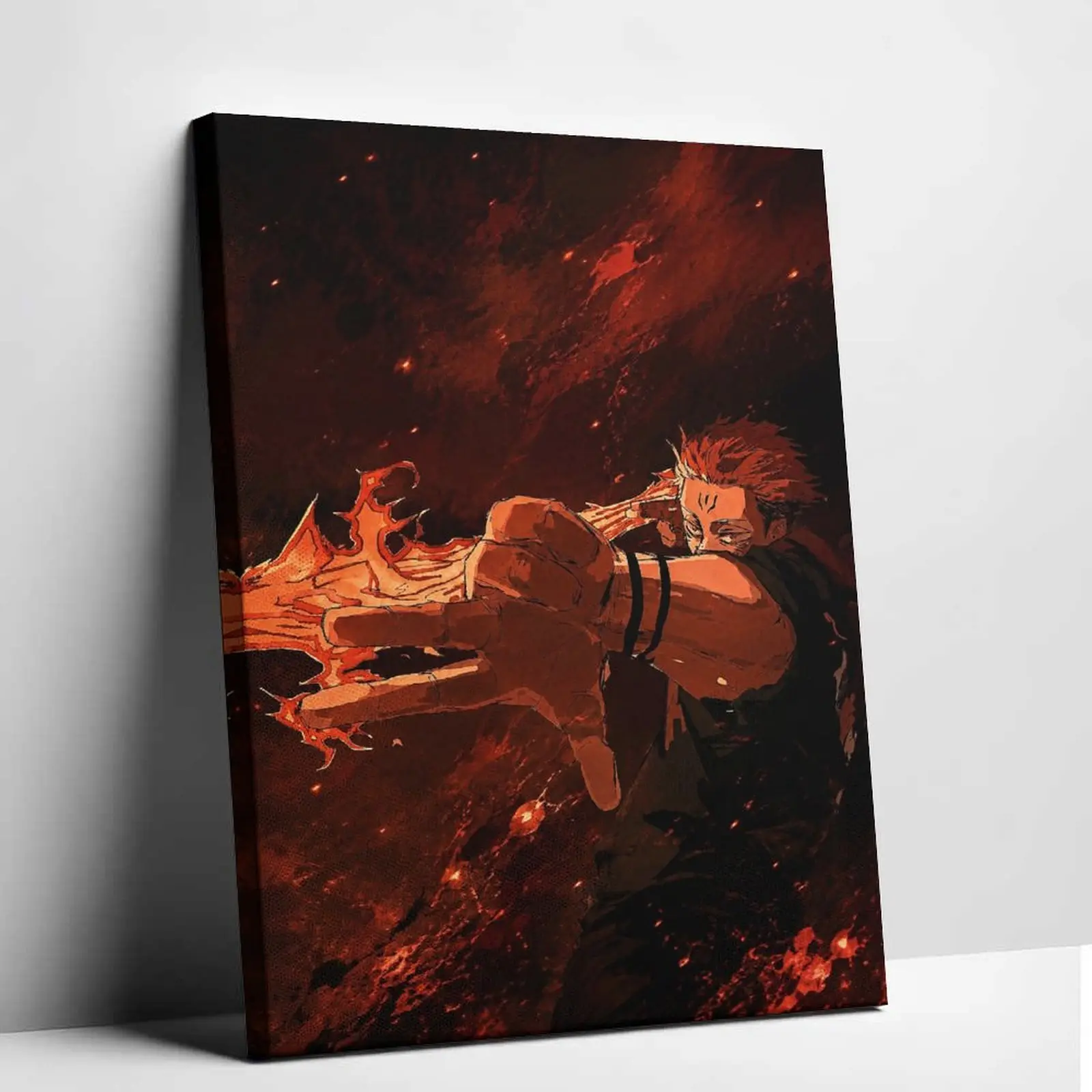 Sukuna Jujutsu Kaisen Canvas Wall Art - Flame Motif Crimson Fire Anime Prints, Dark Aesthetic Modern Home Decor, Anime Fan Gift for Boys’ Bedrooms