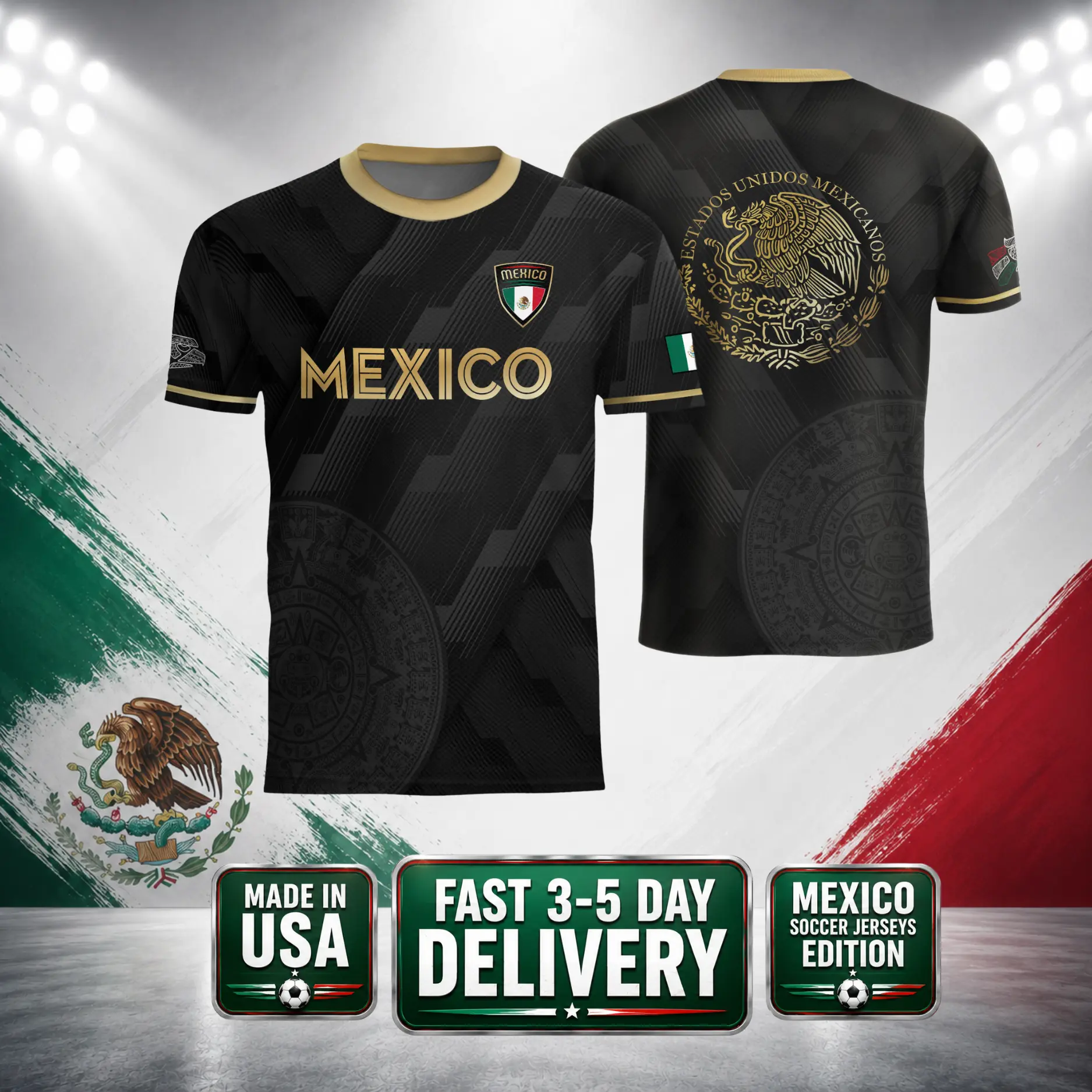 Black Gold Mexico Soccer Jersey Men Women, Eagle Graphic Football Shirt, Mexico Fan Gear