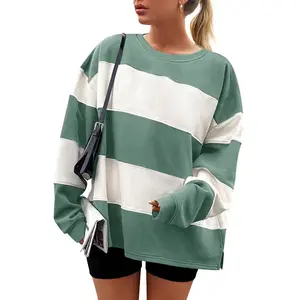 Women's Fall Sweatshirt Tops Crewneck Long Sleeve Loose Oversized Striped Fleece Pullover 2025 Clothes