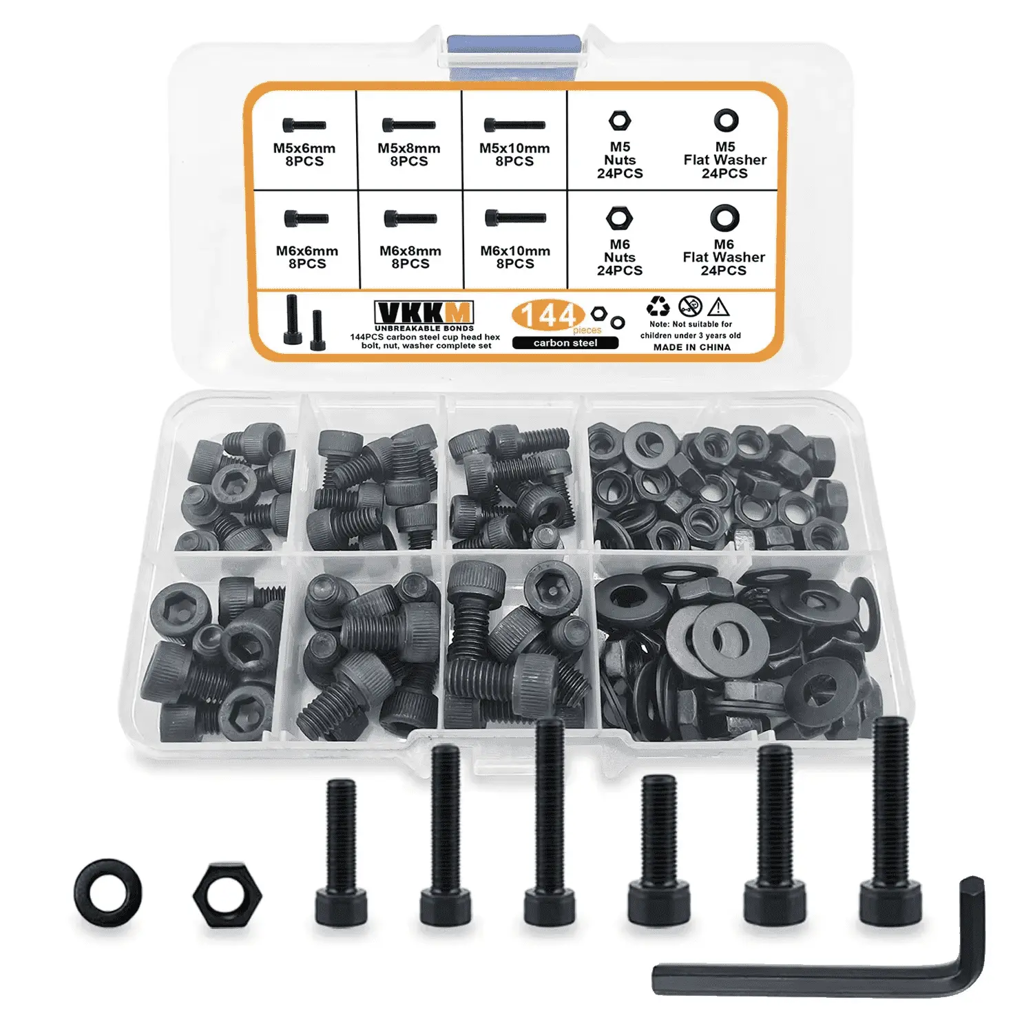 VKKM 144Pcs 12.9 Grade Alloy Steel Socket Head Cap Screws Assortment Kit, M5 M6 Hex Bolts with Nuts & Flat Washers, Allen Screws Set with Allen Wrench for RC Car, 3D Printer, Machine Maintenance & DIY Projects