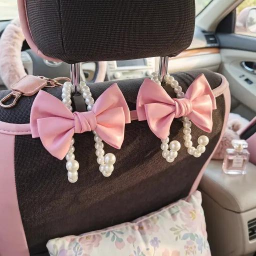 2PCS Car Headrest Hook, Pink Bow Pearl Seat Back Hanger, Universal Auto Organizer for Purse Bag Coat, Car Interior Accessories