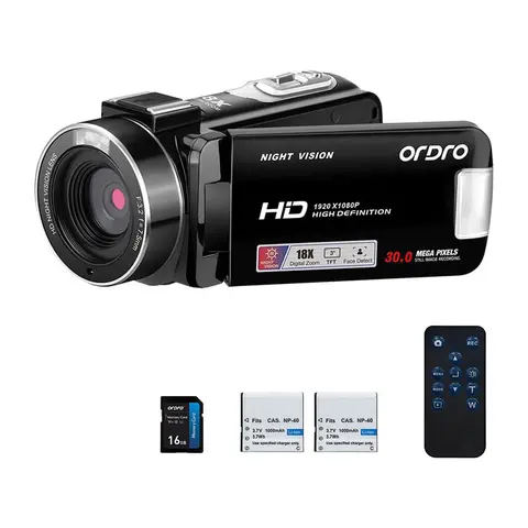 ORDRO B320 Full HD Video Camcorder for Teens - 1080P 30FPS Recording, 30MP Photos, 18X Digital Zoom, Infrared Night Vision, 3.0-Inch Flip Screen, 2 Rechargeable Batteries, Remote Control, Audio Cable, Charging Cable, USB Port, Face Recognition