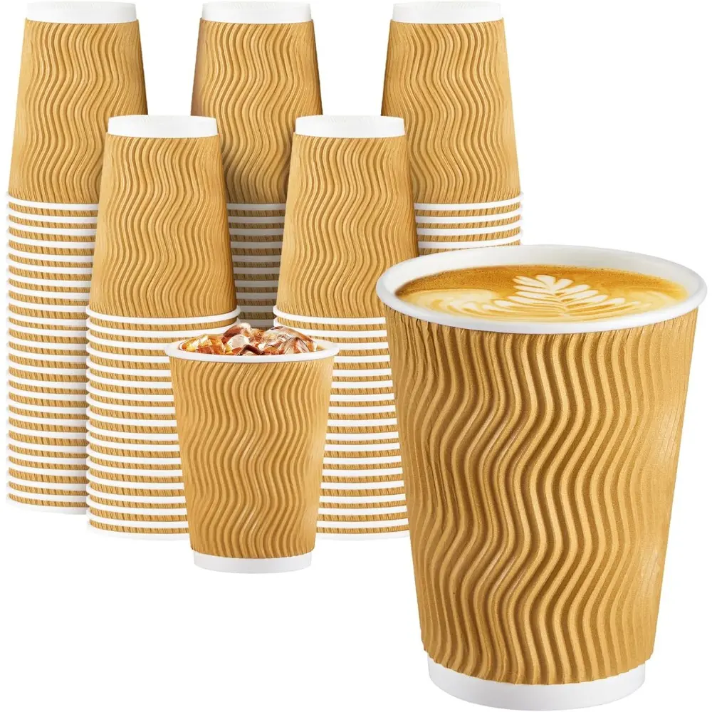 12 oz Commercial Food Grade Ripple Wall Disposable Cups, 150-Pack Insulated Corrugated Champagne Cups with Ergonomic Grip for Hot & Cold Beverages, Business, Easy To Hold