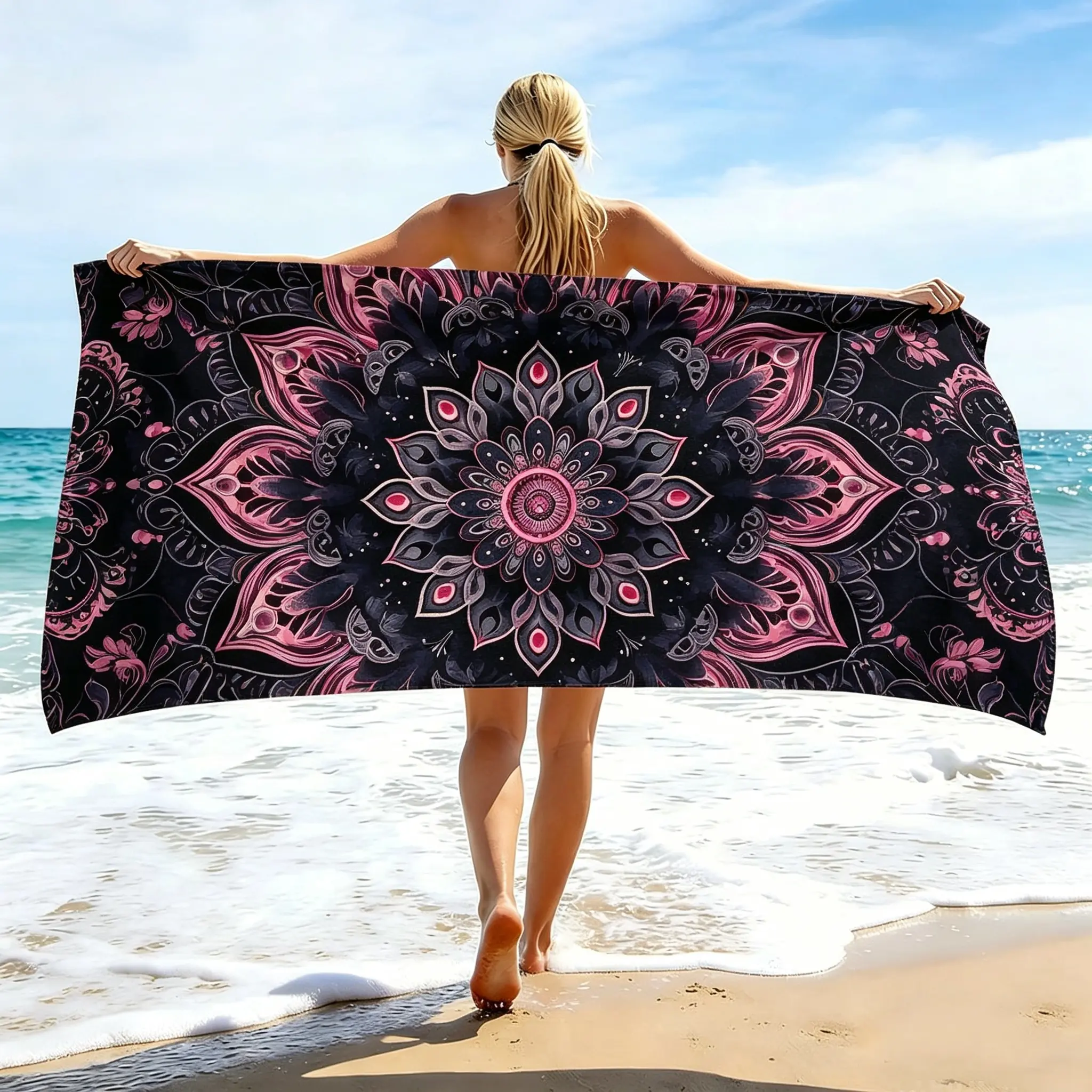 Dark Pink Lotus Mandala Beach Towel - Contemporary, Multi-Size Ultra-Fine Fiber, Absorbent, Quick-Dry, Soft, Machine-Washable Oversized Towel for Swimming, Camping, Bathroom Use (Essential for Travel, Spa Needs) multifunctional