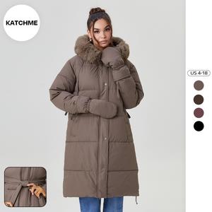 KatchMe Women's Classy Solid Color Fluffy Hooded Waist Tie Zipper Thermal Long Outerwear with Gloves, Cozy Jacket for Fall & Winter, Cotton Coat Outfit(US)
