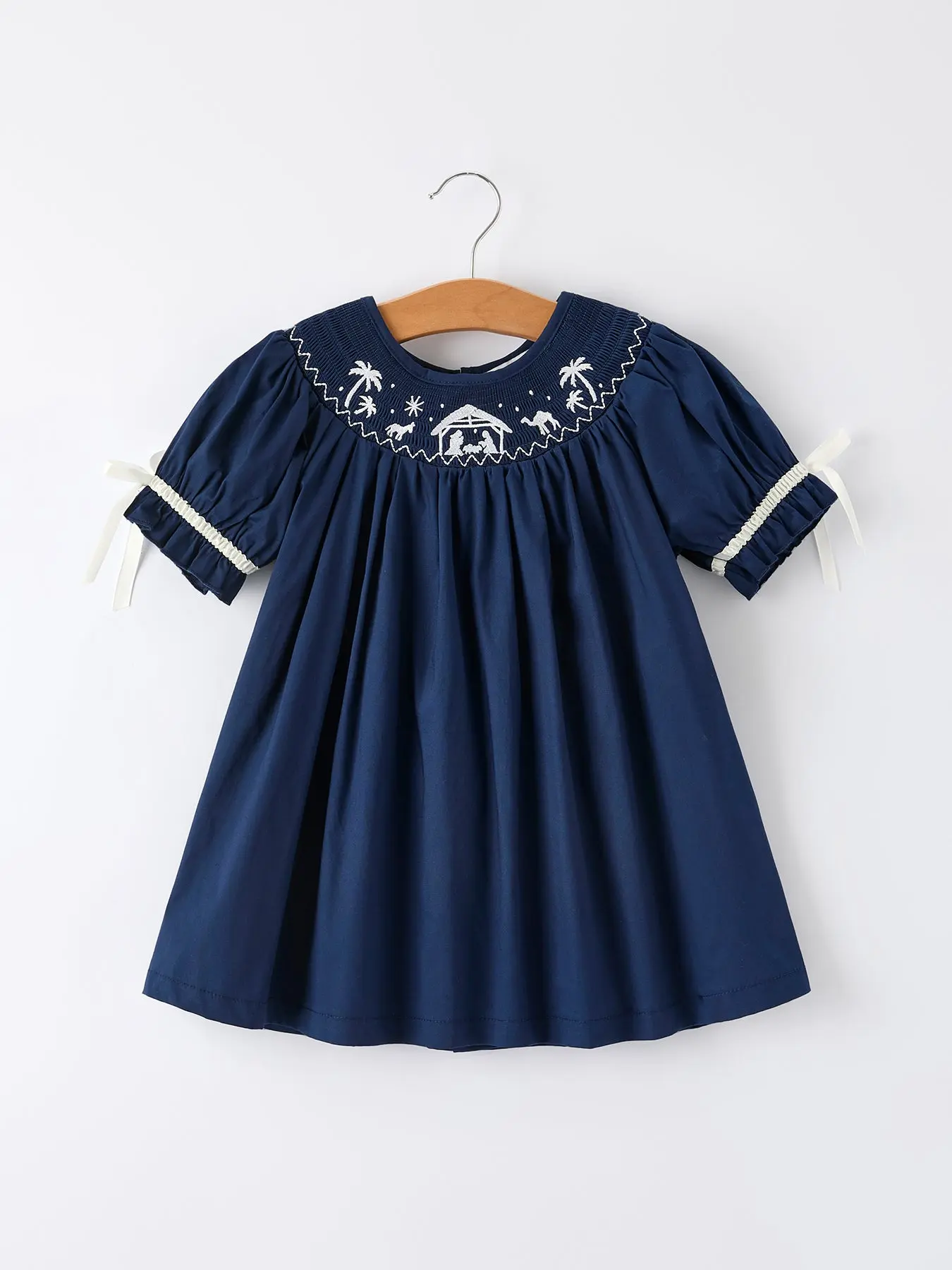 Women's Casual Cotton Christmas Navy Blue Dress, Elegant Smocking-Embroidered Style