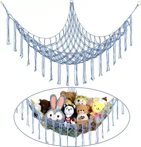 55 inch Toy Hammock Macrame Stuff Animal Storage Corner Hanging Net Holder Mesh Hammock Plush Toy Organizer for Bedroom Pack Cotton