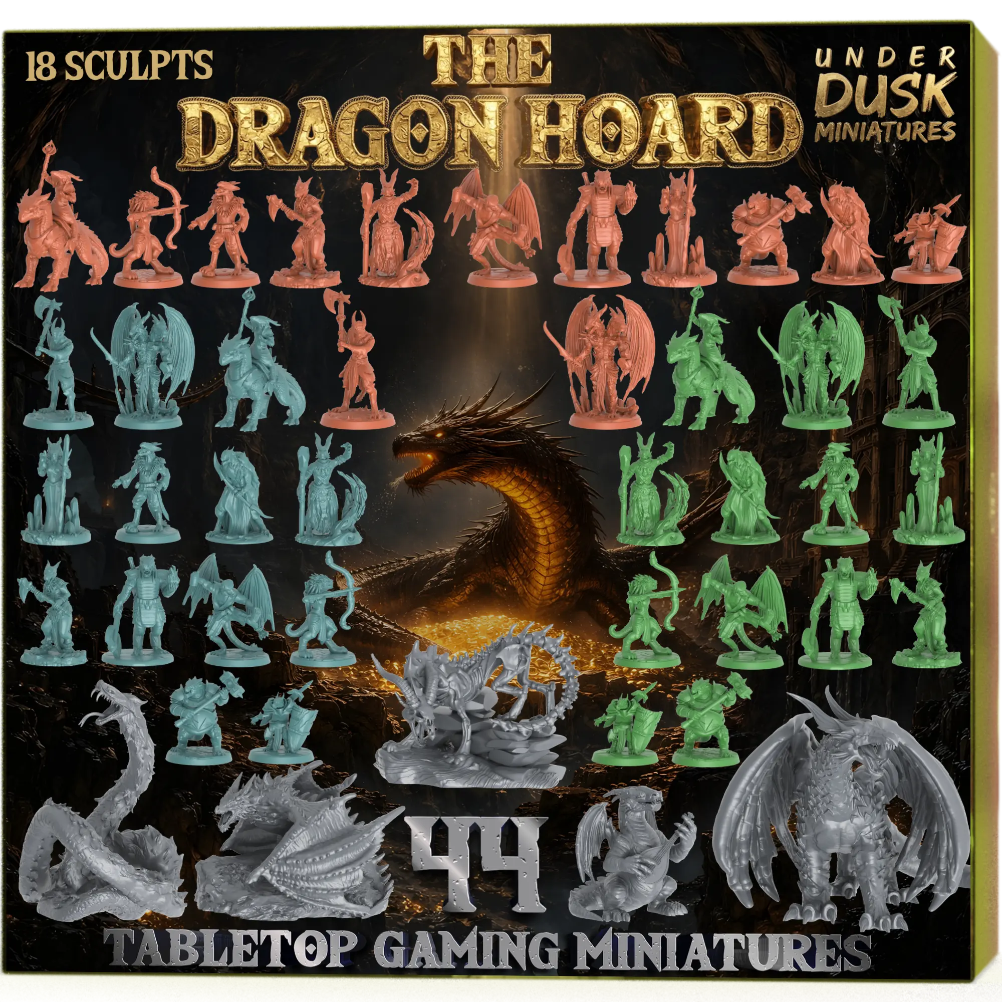 Underdusk The Dragon Hoard - 44 DnD Minis | 5 Dragon Bosses | Stat Blocks Included I Tabletop Paintable Miniatures