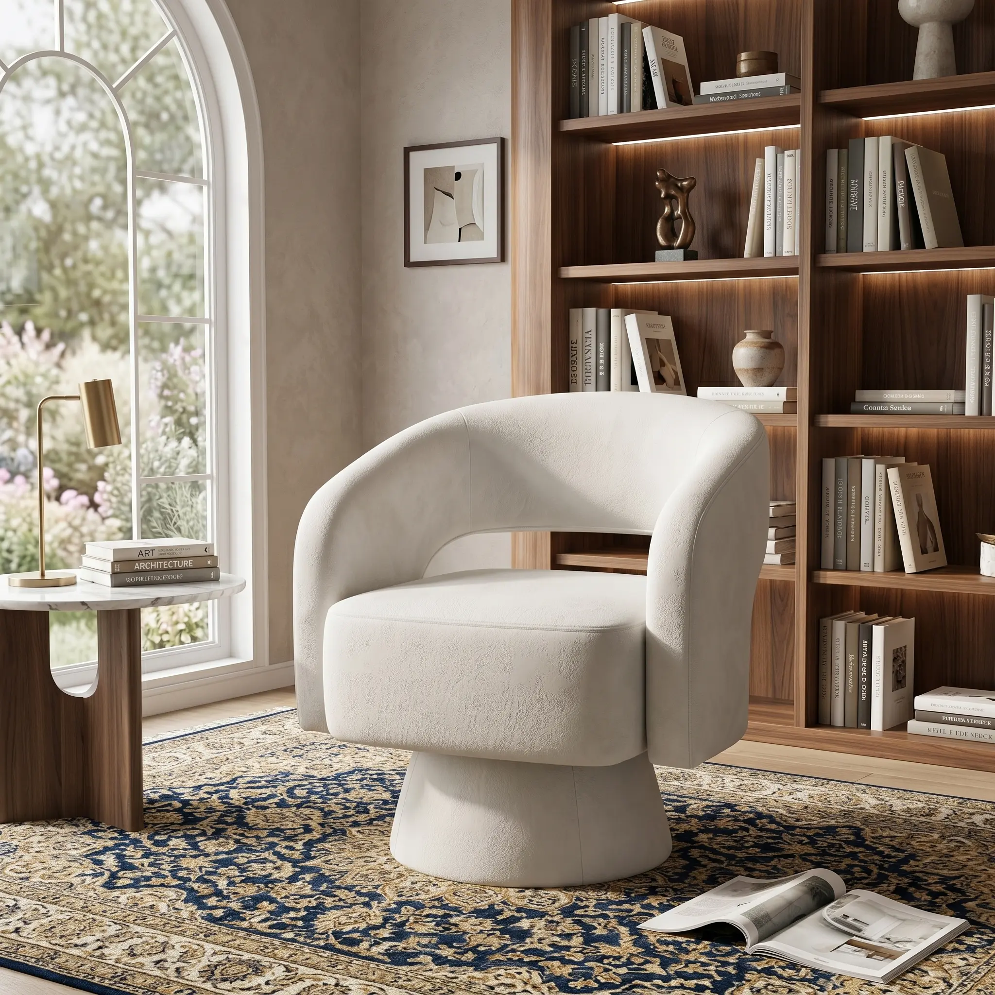 1PCS Beige Velvet Compact Tub Chair - 360-Degree Rotation Accent Armchair with Hand Rests, Soft Fabric Vanity Chair for Living Room, Bedroom, Compact Tub Chairs