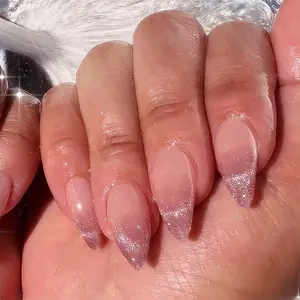 Glitter French Style Fake Nails, French Tip Nails, 1 Box Short Almond False Nails for Women & Girls DIY Nail Art, Effortless Press on Nails Manicure Set