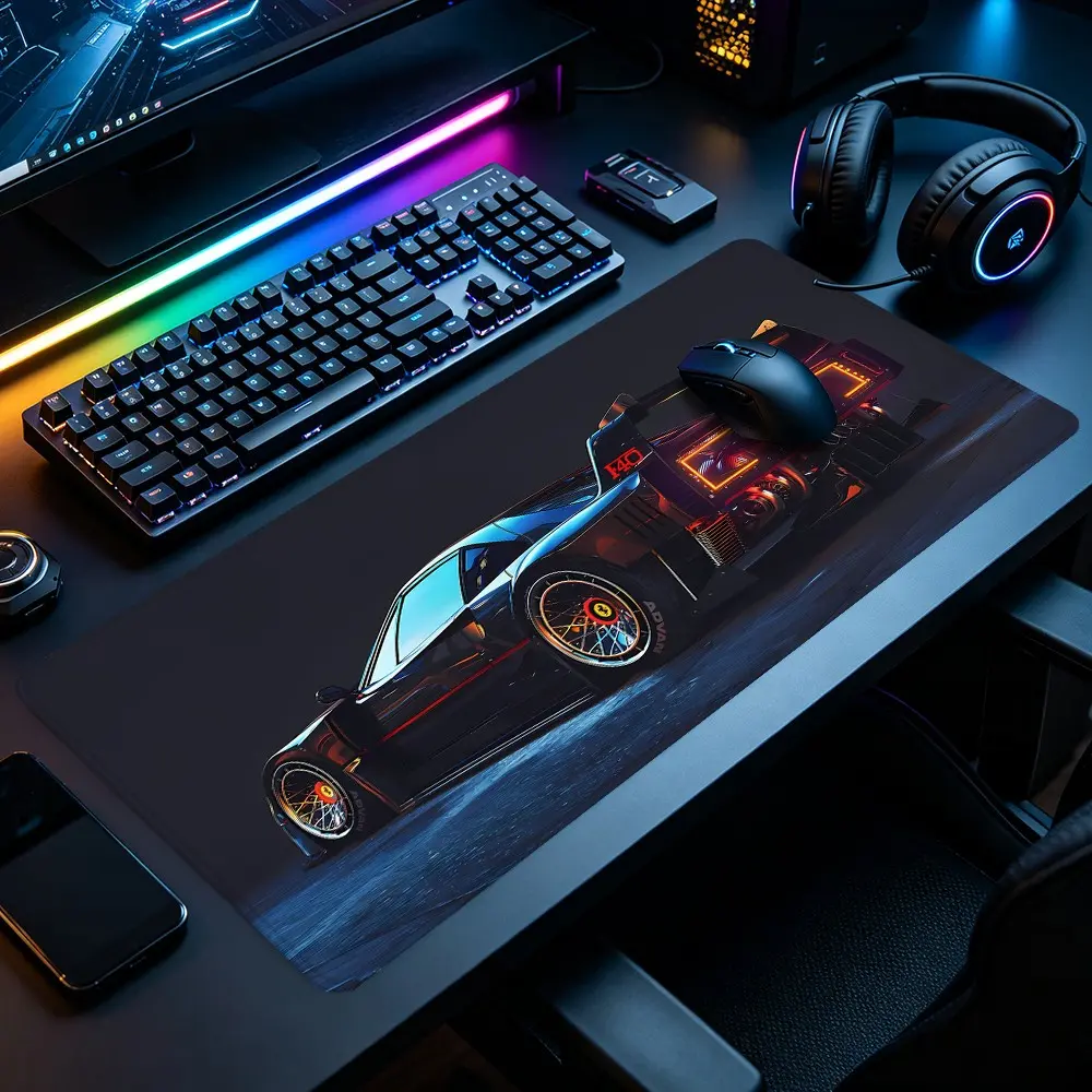 Futuristic Cyberpunk Sports Car with Neon Lights Large Gaming Mouse Pad, Extended XXL Desk Mat with Stitched Edge & Non-Slip Rubber Base, Ideal for Gamers, Sci-Fi Fans and Car Enthusiasts, Perfect for Gaming Rooms, Home Offices & Bedroom Desks