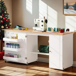 Large Folding Sewing Table, 63" x 19" x 29.5" Multipurpose Portable Craft Station & Side Desk with Compact Design, Caster Wheels, Storage Shelves, 2 Storage Trays, Magnetic Doors, White + Natural