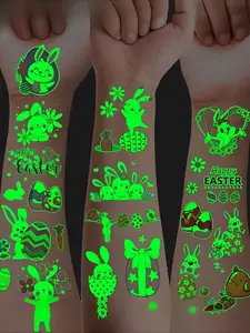 120pcs/12 Sheets Easter Luminous Temporary Tattoos, Cute Cartoon Glow in The Dark Rabbit Bunny Easter Eggs Chicks Spring Flowers Carrots Pattern, Easter Decoration Party Favors, Easter Basket Stuffers Gifts, Egg Hunt Games Prizes, Lasting 2-5 Days