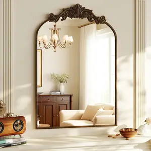 Arched Bathroom Mirror, 24x36 Inch Retro Wall Mounted  Mirror with Carved  Top and Metal Frame, Antique Decorative Mirror for  or Leaning