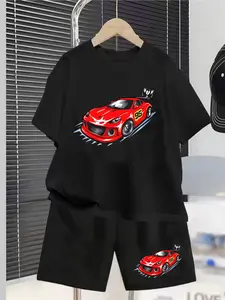 Racing Cartoon Car No. 95 Racing Car Print Children's Set, Summer New Style Boys' And Girls' Short-Sleeved T-Shirt + Shorts 2-Piece Set, Youth Kits, Comfortable, Casual, Fashionable And Versatile For Daily Use, Ideal Gift Choice