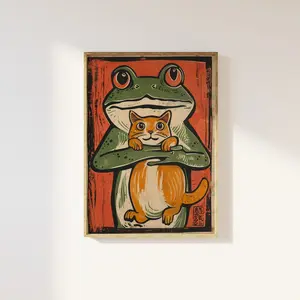 Japanese Frog Print, Funny Japanese Frog And Cat Print, Wood Block Print, Vintage Funny Animal, Traditional Japanese Poster, Frog Lover Gift, Unframed