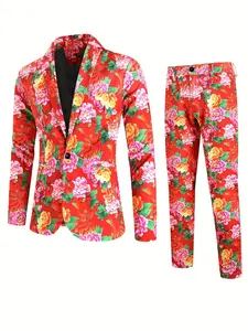 Fashionable Casual Blazer Suit with Large Floral Digital Print, 2pcs Suit and Trousers Set, Print Pants