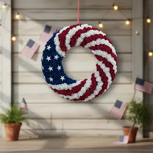 America 250 Red-White-Blue Patriotic Round Foam Wreath - Festive Door Hanger Decoration with Flower Ornaments for Home, Party Supplies
