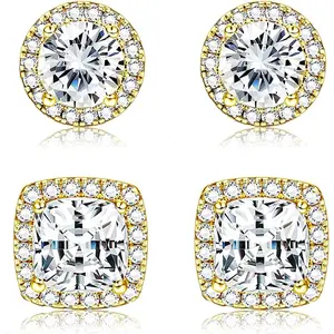 CASSIECA  2Pairs Cubic Zirconia Stud Earrings for Women Men Studs Earrings Hypoallergenic Earrings Studs Crystal  Small Stud Earrings Gold Silver Tone