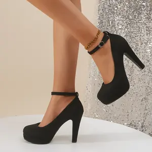 Women's Platform Heels, All-Match Black Ankle Strap Pumps, Elegant Evening Dress Shoes