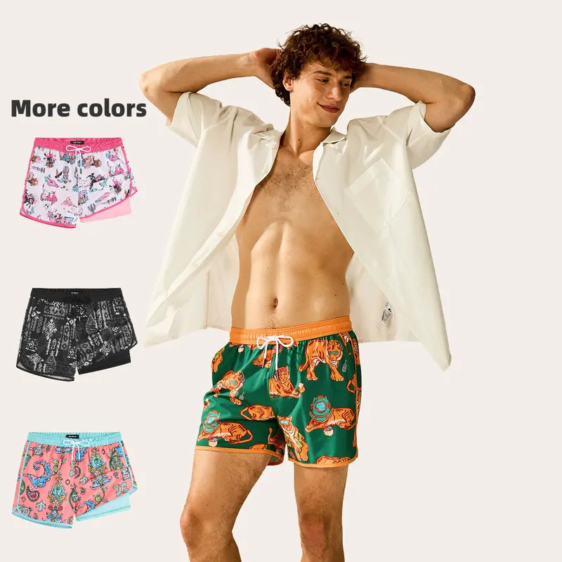 【Flash Sale】Maamgic Swim Shorts 4.5" Inseam with Print Pattern, 2-in-1 Stretch, Wrinkle-resistant Polyester, Adjustable Drawstring, 2 Side+1 Back Pocket, Quick-Drying & Draining Mesh Liner, Comfort. For Beach, Pool, Casual Vacation Summer.Summervibes.