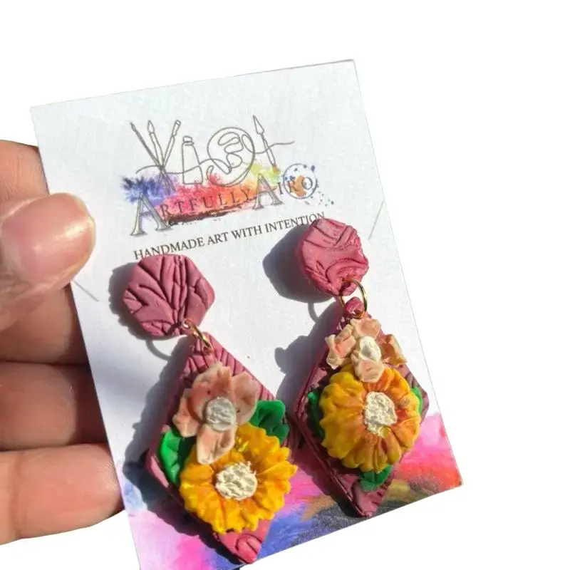 Artfully Airo Sunflower & Orchid Polymer Clay Earrings Handmade Statement Floral Jewelry Nickel-Free Lightweight Botanical Earrings