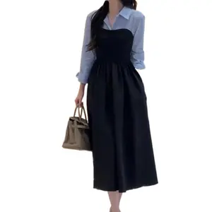 New Arrival Women's Fashion Two-piece Illusionshirt Black Long Sleeve Dress  Feel Matching Set