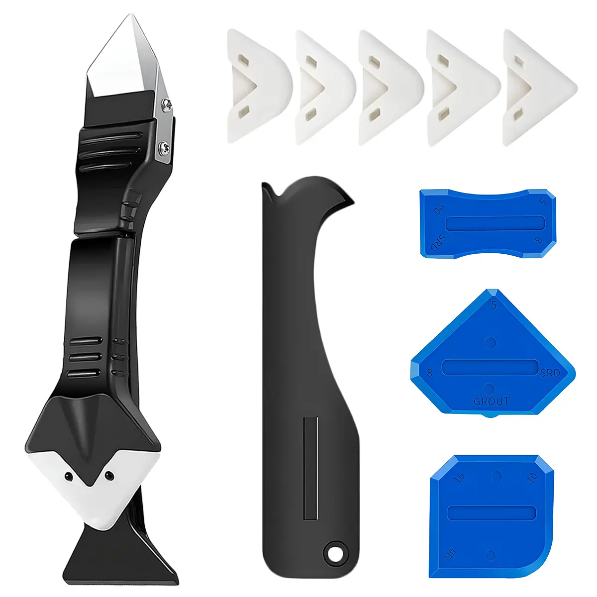 3 in 1 Silicone Caulking Tools（Stainless Steelhead）, Sealant Finishing Tool Grout Scraper, Reuse and Replace 5 Silicone Pads, Great Tools for Kitchen Bathroom Window, Sink Joint