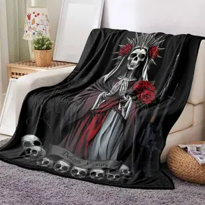 Santa Muerte Flannel Blanket Grim Reaper Roses Gothic Art Print Pattern Soft Plush Blanket for Living Room Bedroom Office Halloween Decor Day of the Dead Celebration Unique Spiritual Gift Goth Home Decor Altar Cloth Warm nap Blanket