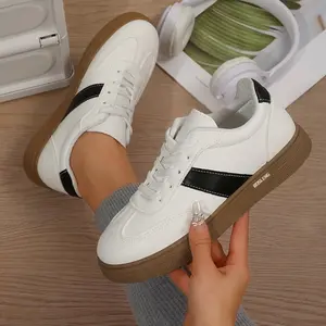 Women's Retro Style White Sneakers with Black Stripes Casual Lace-Up Flat Shoes for Daily Wear