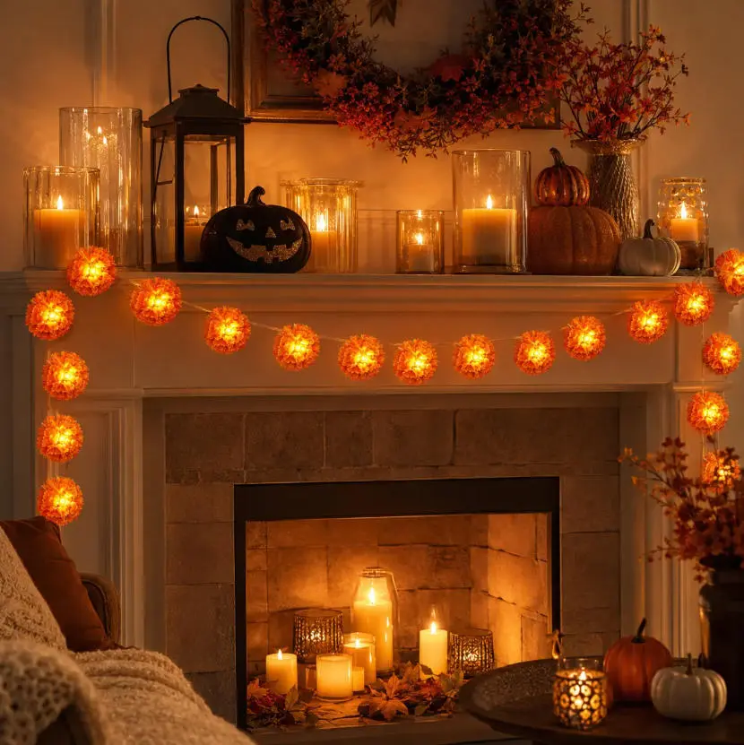 Cempasuchil Style LED String Lights, 3m Orange Flashing 20-Light Garland, Battery-Powered for Day of the Dead Altar Halloween Decor (Home & Festive Supplies)