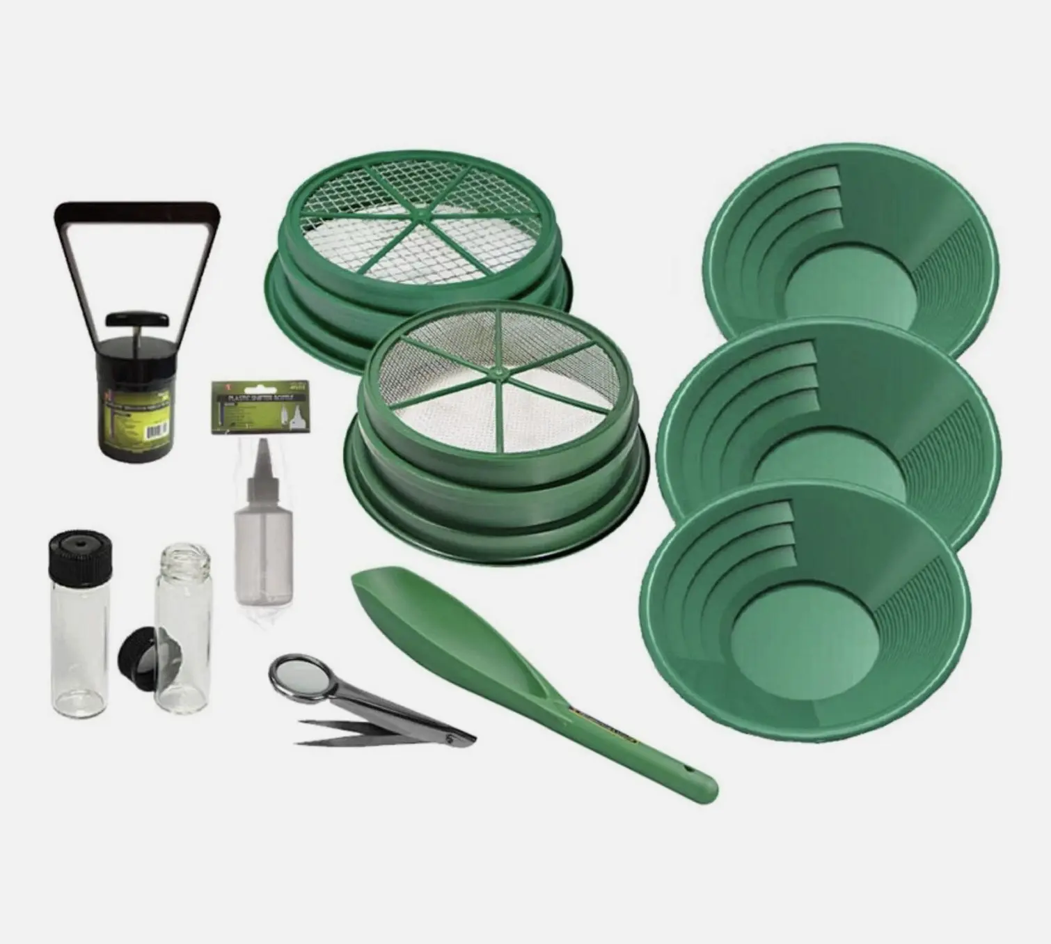 ASR Outdoor 11-Piece Plastic Gold Panning Kit for Prospecting & Travel, Including 3 Pans, 1/8" & 1/2" Classifier Screens, Snifter Bottle, Vials, Scoop, Tweezers & 1 × Black Sand Magnet, 1/8" & 1/2" Classifiers