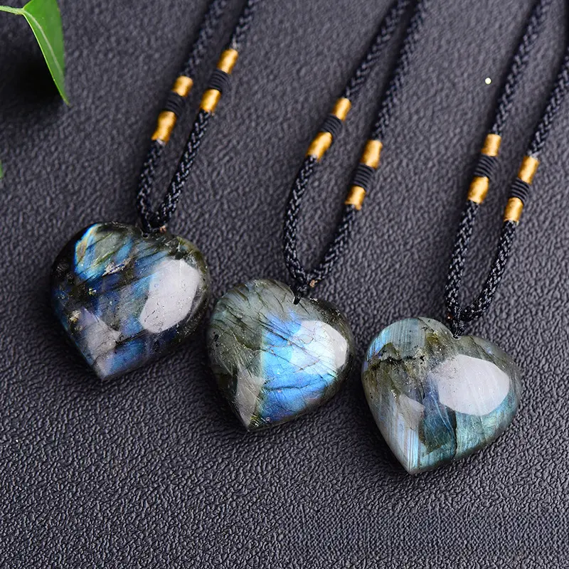 Natural Labradorite Moonstone Heart Ocean Heart Pendant Necklace