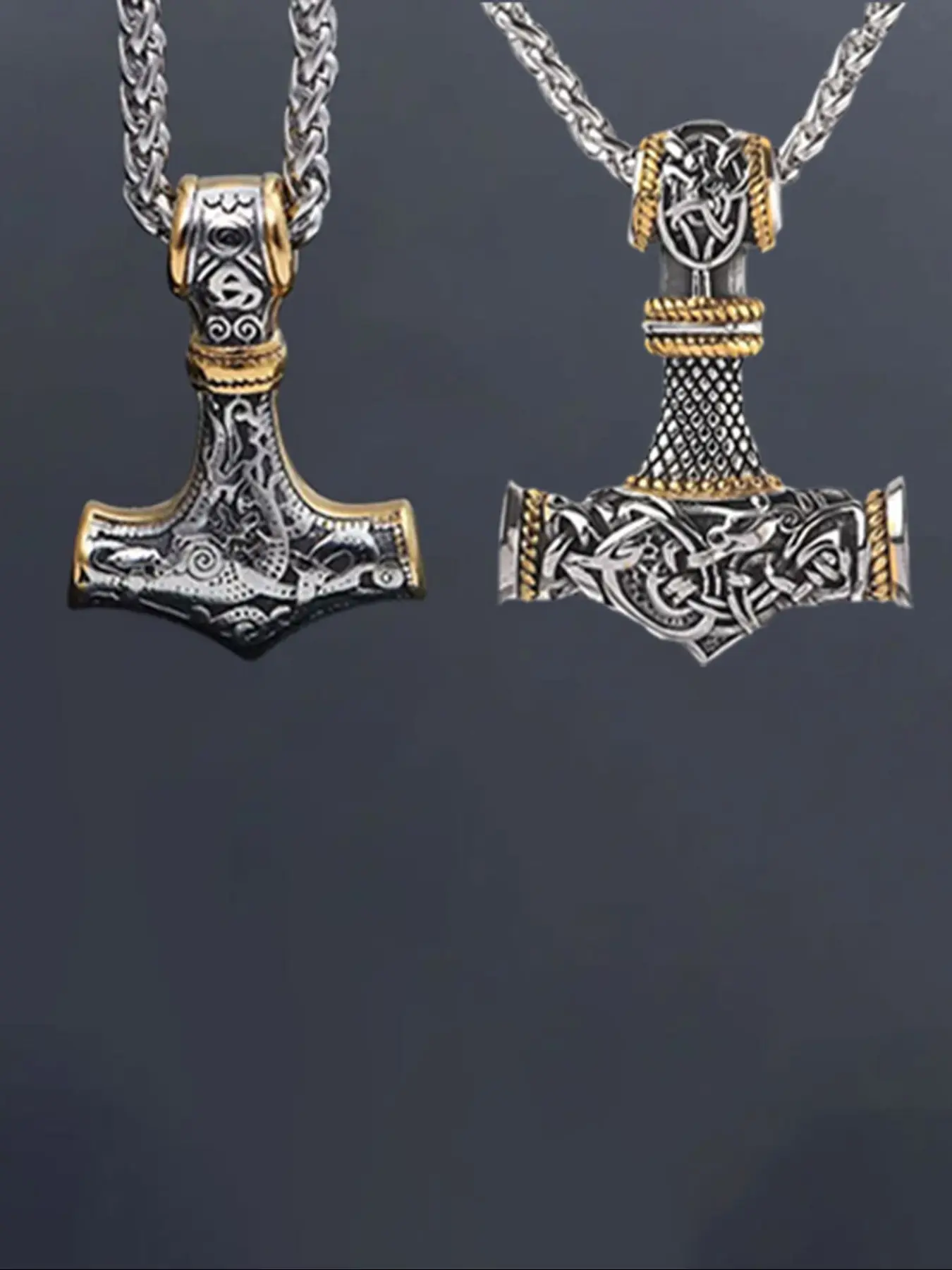 2 Piece Retro Hammer Pendant Necklace Set, Punk Style Jewelry for Men and Women, Party Accessories, Birthday Gifts