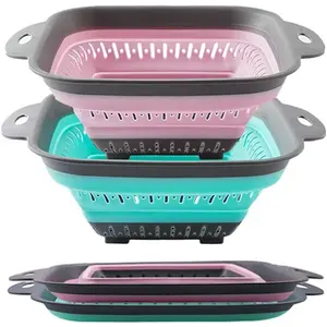 Collapsible Colander Set, Square Round Triangles  Kitchen Strainer  for Draining Pasta Vegetable fruit 2 count (10.8"L x 8.6"W x 2"H, Red & Green)