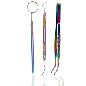 3Pcs Stainless Steel Dental Hygiene Set Basic Dental Instruments with Rainbow Tooth Pick Mouth Mirror Cotton Plier, Ideal for Personal Use Pet Friendly Educational Use