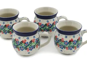 Polish Pottery Set of Four 12 oz Bubble Mugs Summer Wreath