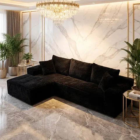 96" Sectional Couches for Living Room, Corduroy Cloud Couch Sofa, L-Shape Upholstered Boneless Couchs Modern Modular Sectional Couch with Chaise (Black, Left Facing Chaise+2Seaters)