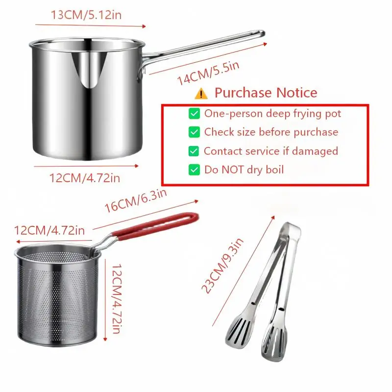 3Pcs Stainless Steel Deep Fryer Set 5.12*4.72 Inch One‑Person Small Pot Includes Fry Pot Filter Basket & Food Clip Rust Resistant Portable Mini Frying Cookware for Home Kitchen Great for Chips Chicken Wings Various Fried Snacks Daily Household Cooking