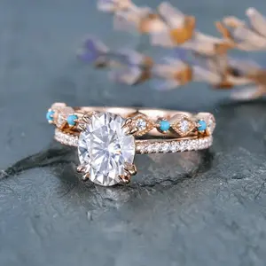 2PCS Rose Golden Turquoise Engagement Ring Set - Genuine Gems & Sparkling CZ, Luxury Romantic Style, Unique Main Stone Patterns - Perfect 2-Piece Ensemble for Vacation Wear