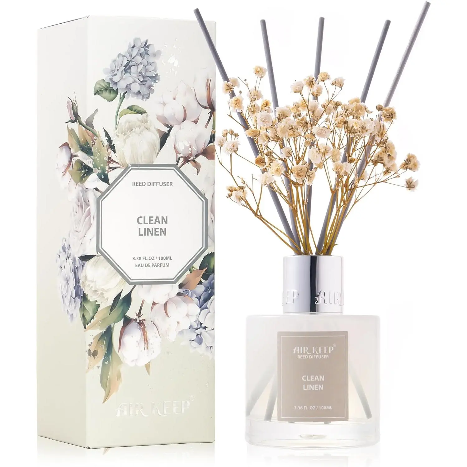 Airkeep Reed Diffuser Set,3.38 fl oz (100 ml) - Clean Linen Oil Diffusers with 8 Reed Sticks,Home Fragrance Reed Diffuser for Bathroom Shelf Decor