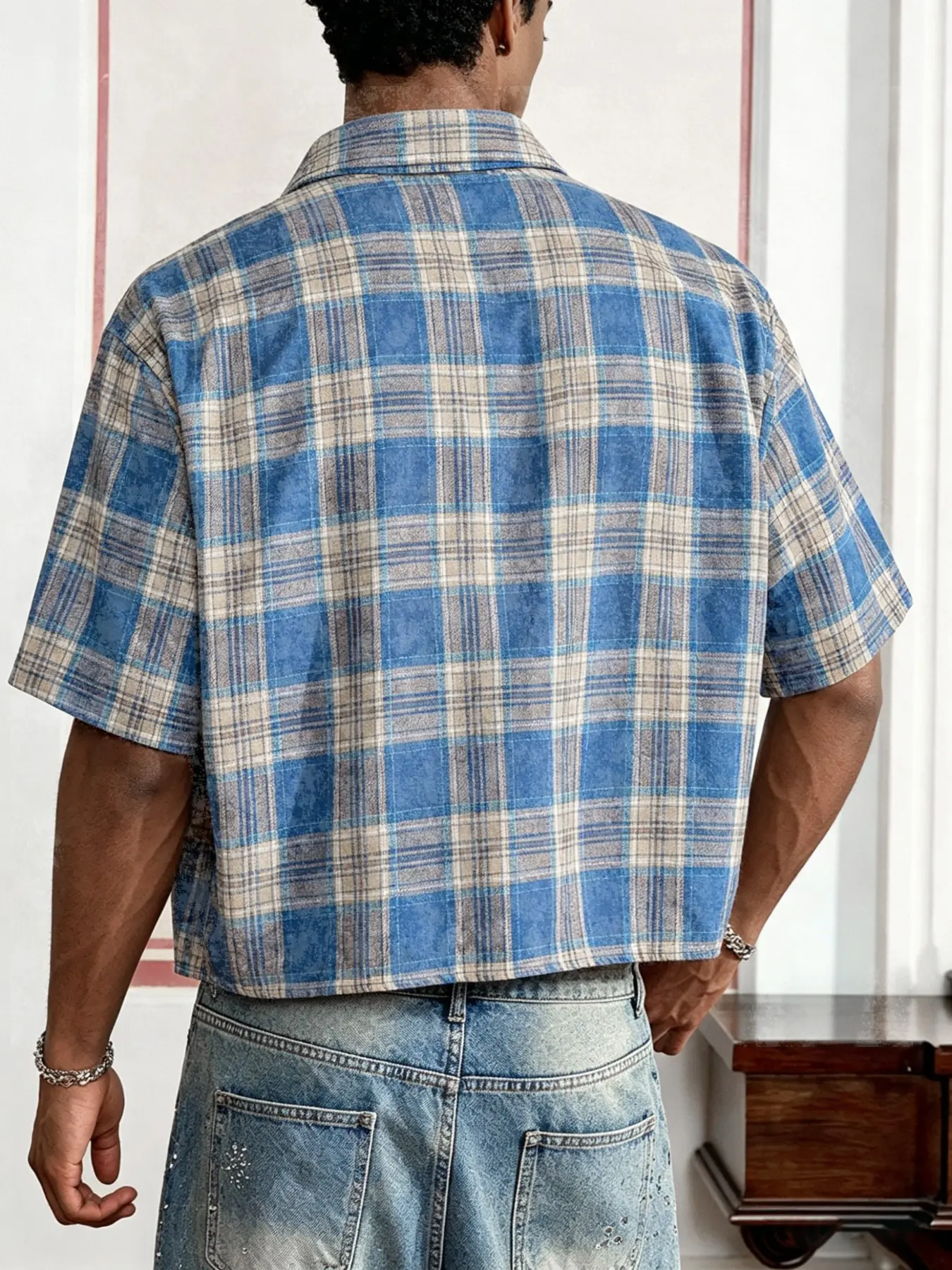 Vintage 90s Cropped Checked Plaid Flannel Shirt, Men