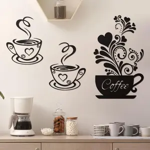 Kitchen Wall Decor Sticker Coffee  Cup Flower Wall Art Decor Sticker Black Coffee Cup Wall Art Stickers Removable DIY Vinyl Wall Art Decor Coffee Station Decorations for Kitchen Shop Cafe Pub
