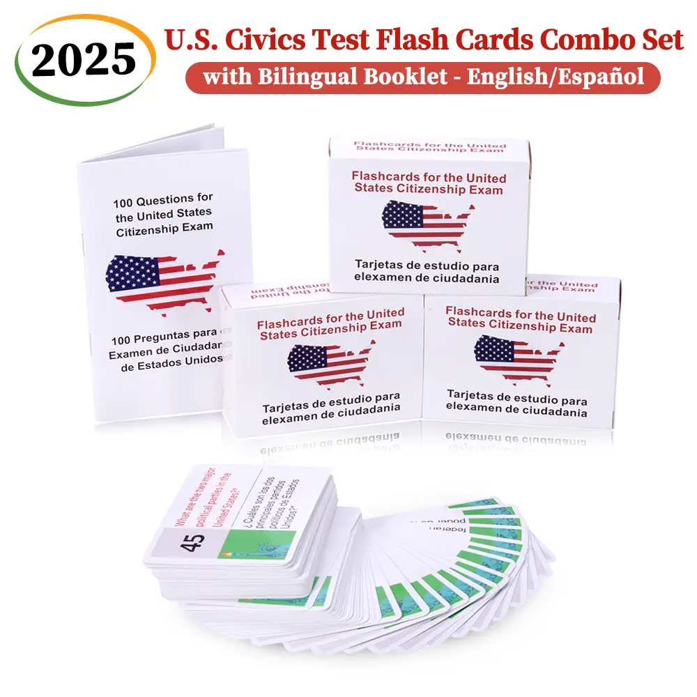 U.S. Civics Test Flash Cards Combo Set with Bilingual Booklet - English/Spanish Flashcards