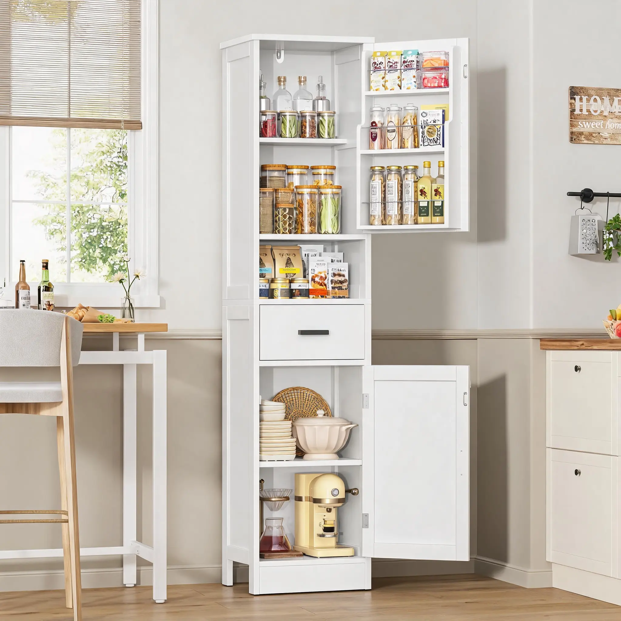 Pantry Cabinet with 3 Door Shelves, Adjustable Shelf and Magnetic Base, Pantry Storage Cabinet with 1 Drawer & 2 Doors, Kitchen Storage Cabinet for Living Room and Kitchen,White.