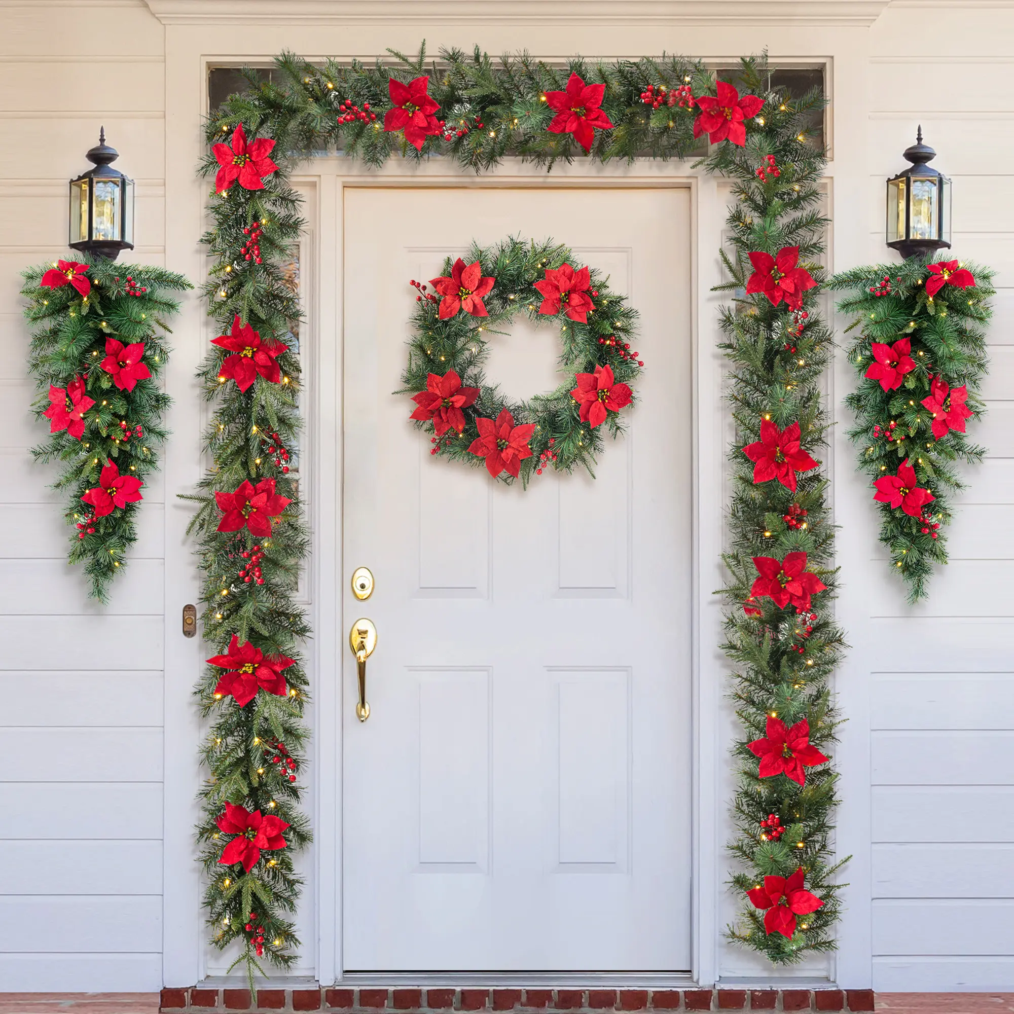 Glitzhome Pre-Lit Greenery Pine Berries Christmas Garland/Wreath/Teardrop with Timer,With LED Lights