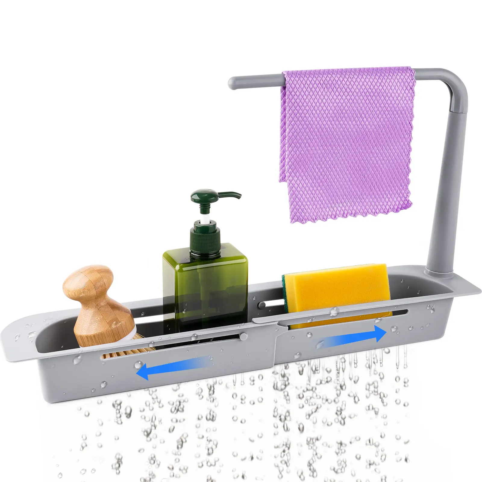 NiHome Adjustable Telescopic Rectangle Over-Sink Kitchen Organizer with Towel Hanger, Expandable Colander Rack, Removable Non-Slip Sponge Holder, Kitchen Accessories with Drainage Holes for Home Storage
