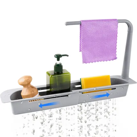 NiHome 1-Layer Adjustable Oversink Dish Drying Rack - Rectangle Telescopic Collapsible Expandable Organizer with Drainage Holes, Draining Boards, Hangable Towel Hanger, Colander Rack, Removable Non-Slip Sponge Holder, Durable Rustproof Countertop Storage